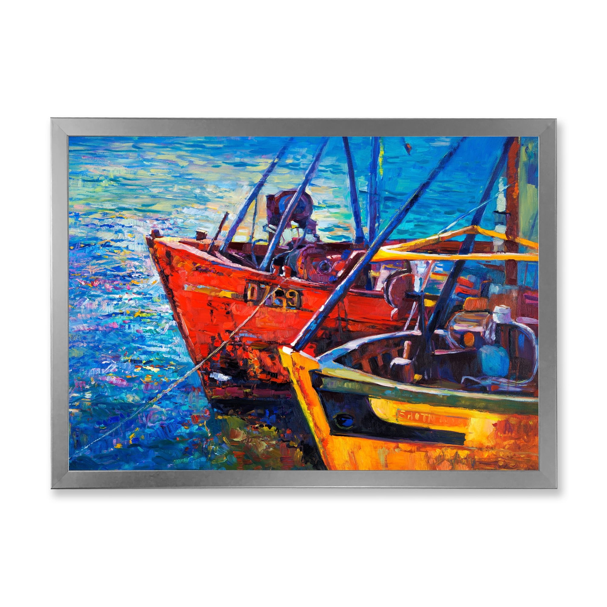 Boats During Warm Sunset Resting On The Water VII 32 in x 16 in Framed Painting Canvas Art Print, by Designart