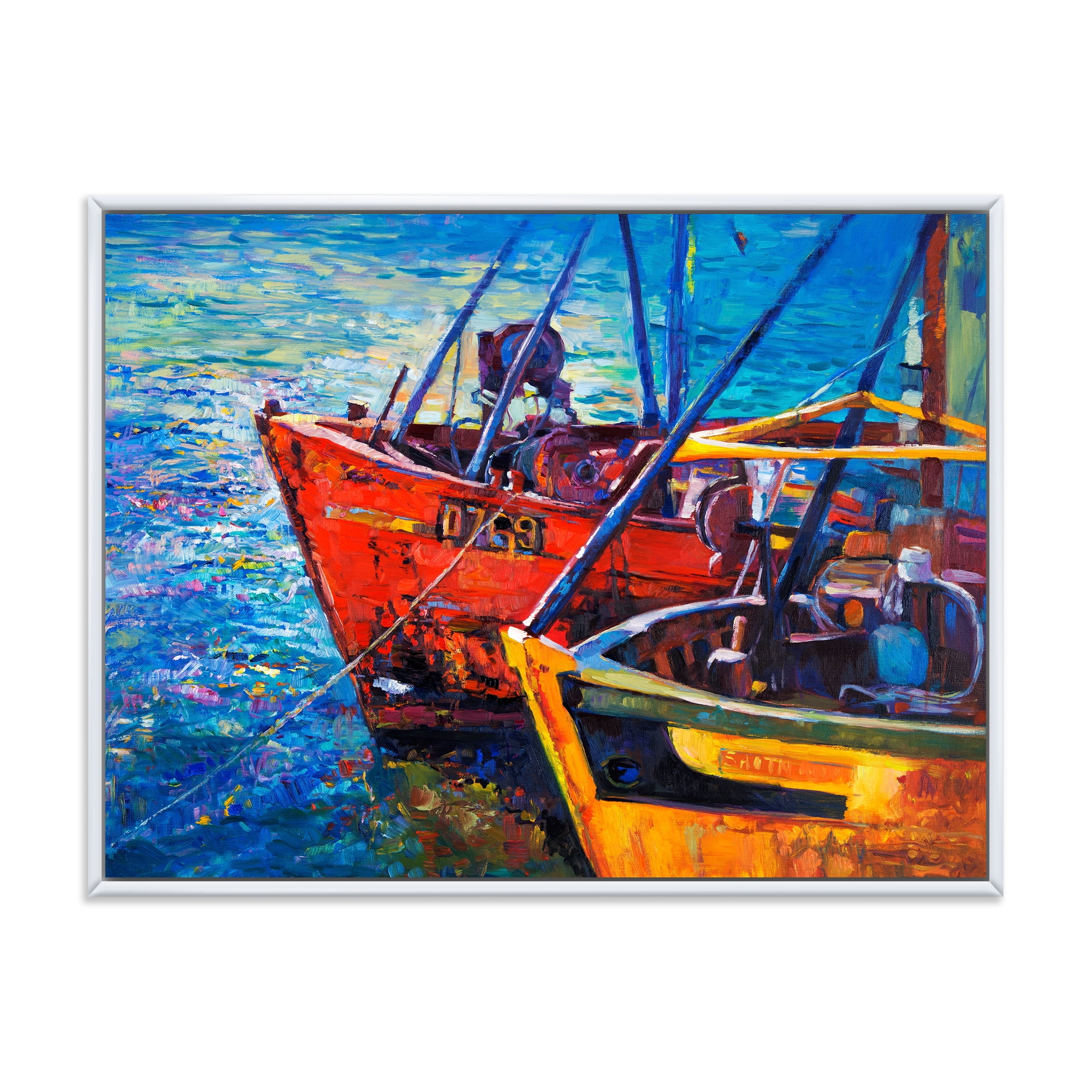 Boats During Warm Sunset Resting On The Water VII 40 in x 30 in Framed Painting Canvas Art Print, by Designart