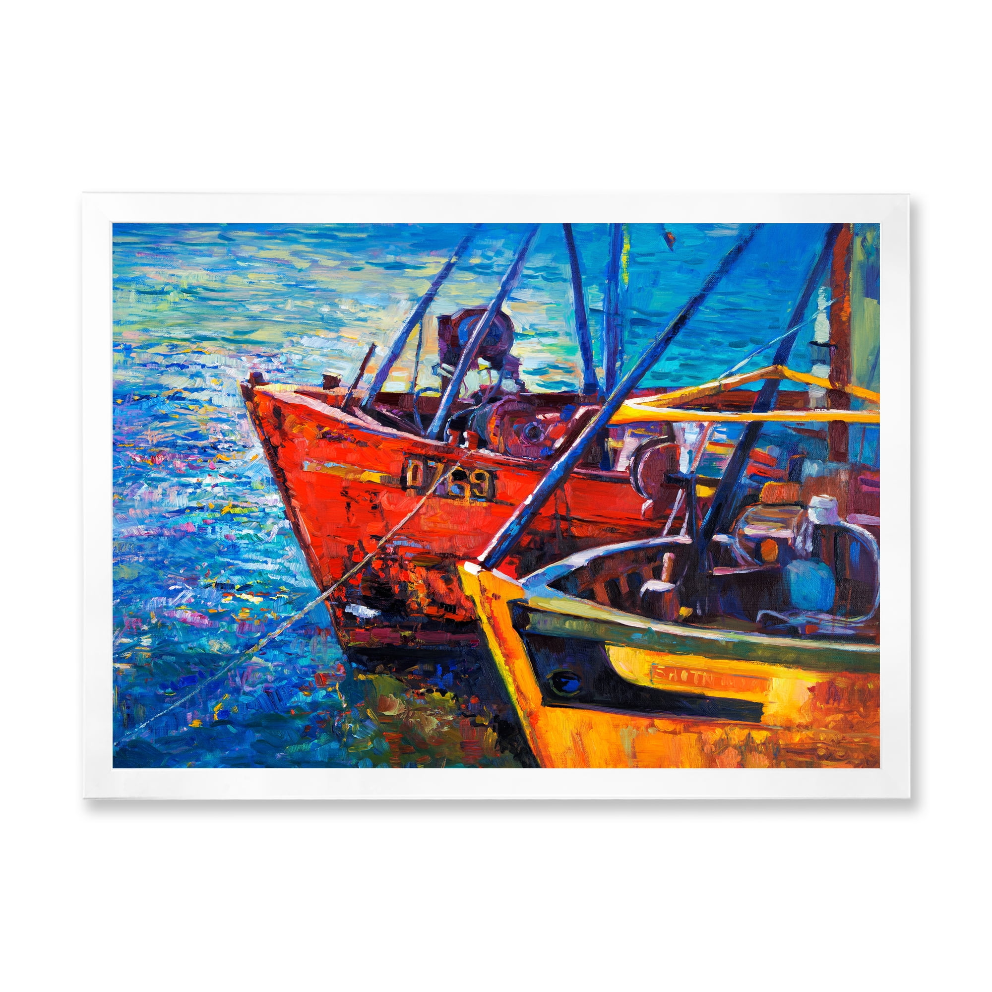 Boats During Warm Sunset Resting On The Water VII 40 in x 30 in Framed Painting Canvas Art Print, by Designart