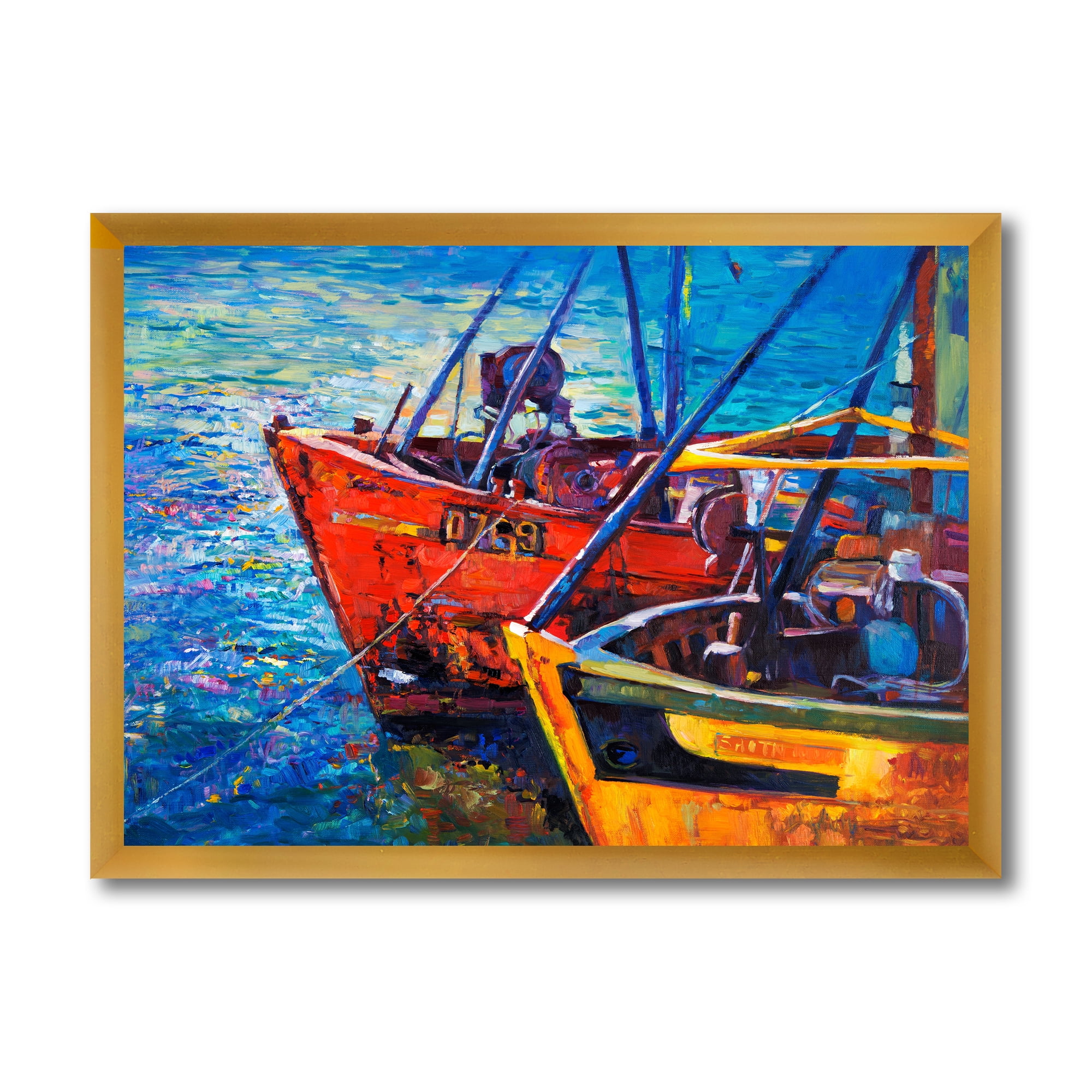Boats During Warm Sunset Resting On The Water VII 40 in x 30 in Framed Painting Canvas Art Print, by Designart