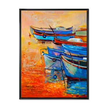 Boats During Warm Sunset Resting On The Water VIII 12 in x 20 in Framed Painting Canvas Art Print, by Designart