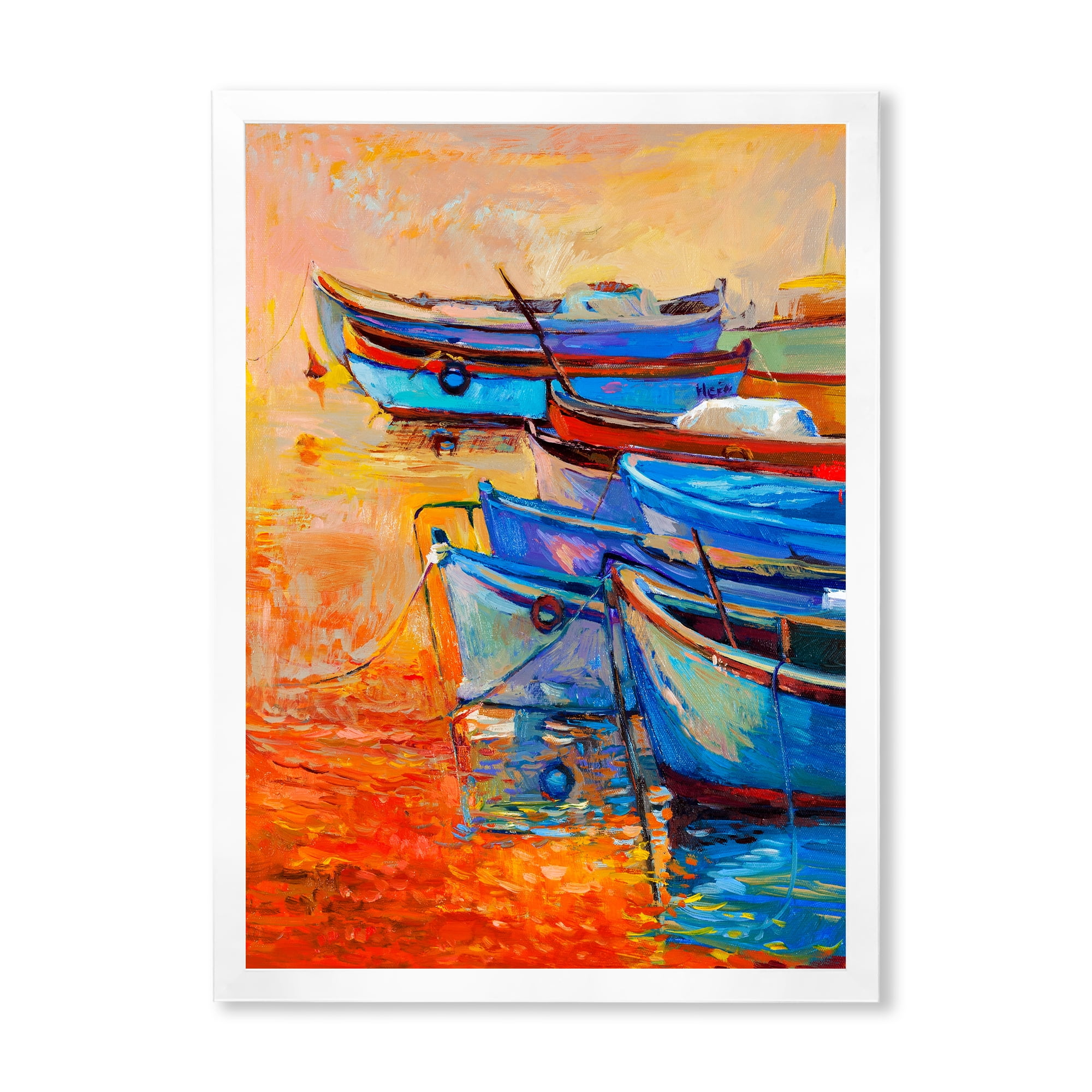 Boats During Warm Sunset Resting On The Water VIII 24 in x 32 in Framed Painting Canvas Art Print, by Designart