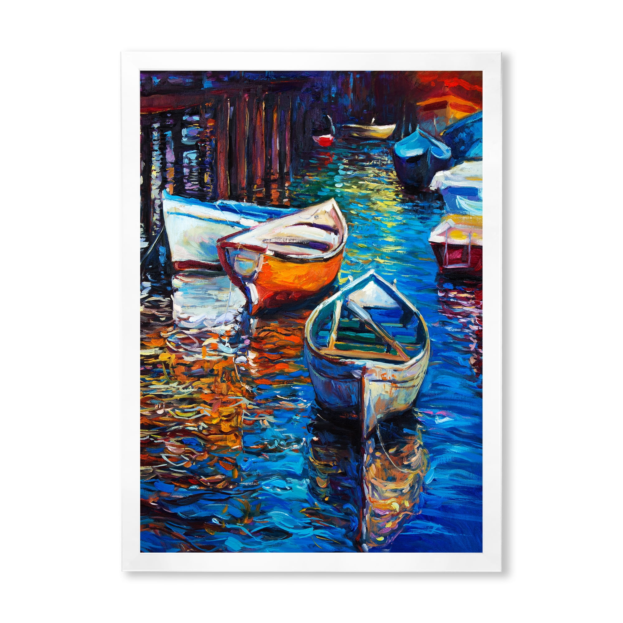 Boats During Warm Sunset Resting On The Water X 20 in x 20 in Framed Painting Canvas Art Print, by Designart