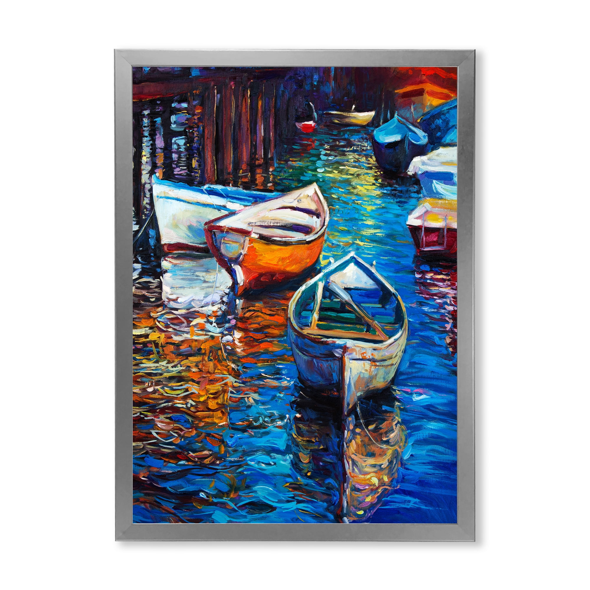 Boats During Warm Sunset Resting On The Water X 24 in x 32 in Framed Painting Canvas Art Print, by Designart