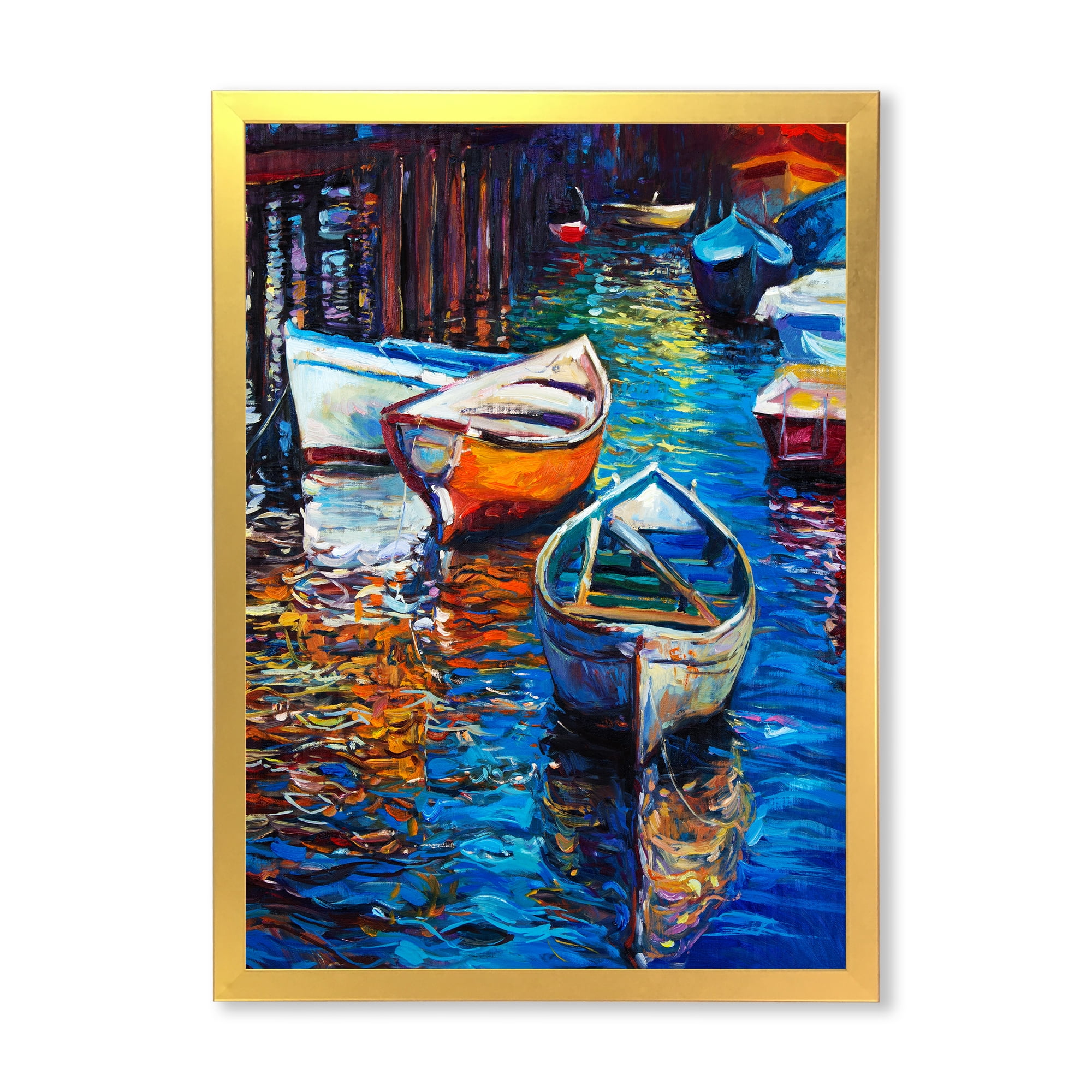Boats During Warm Sunset Resting On The Water X 24 in x 32 in Framed Painting Canvas Art Print, by Designart