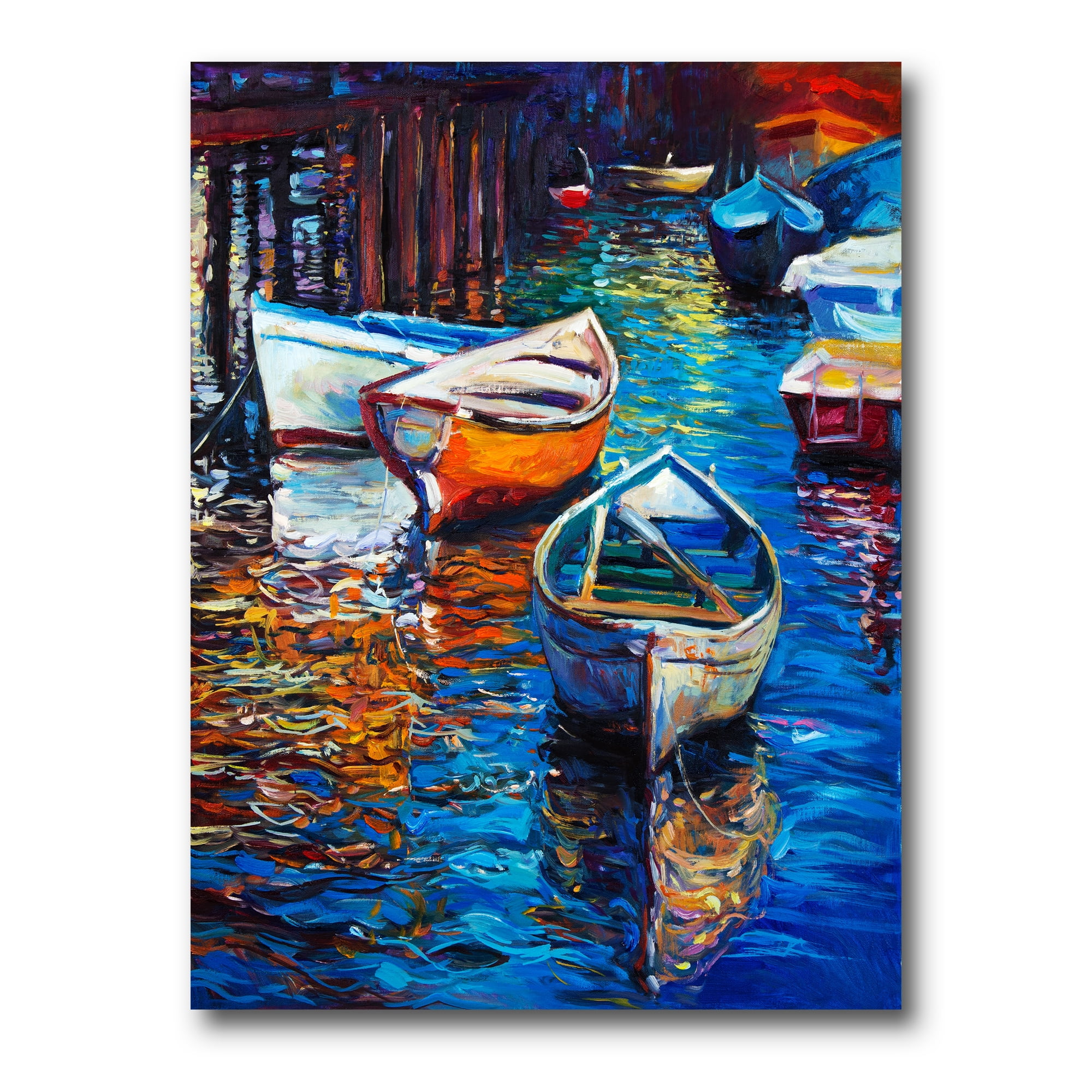 Boats During Warm Sunset Resting On The Water X 8 in x 12 in Painting Canvas Art Print, by Designart