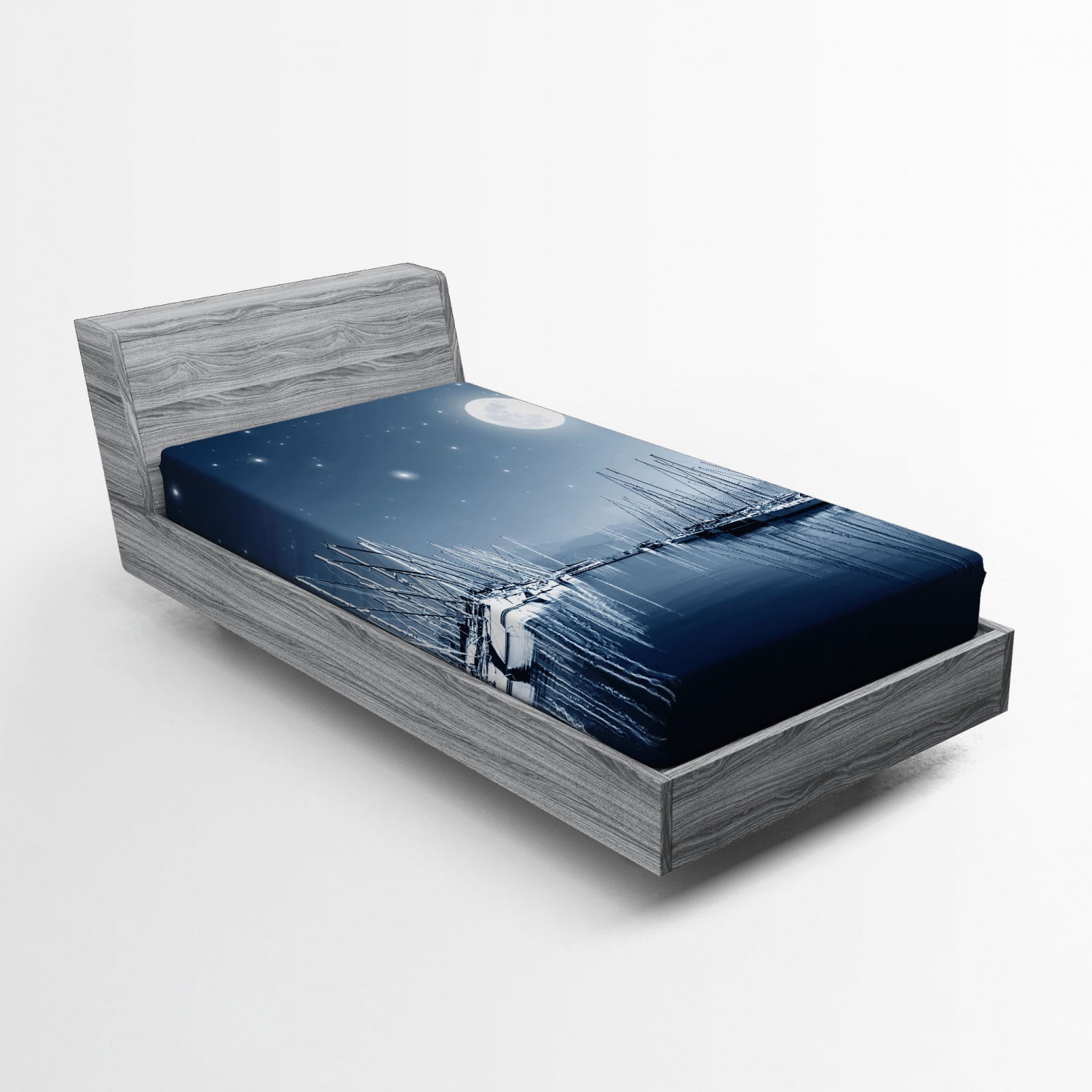 Boats Fitted Sheet, Tranquil Marina View at Night with Stars and Full