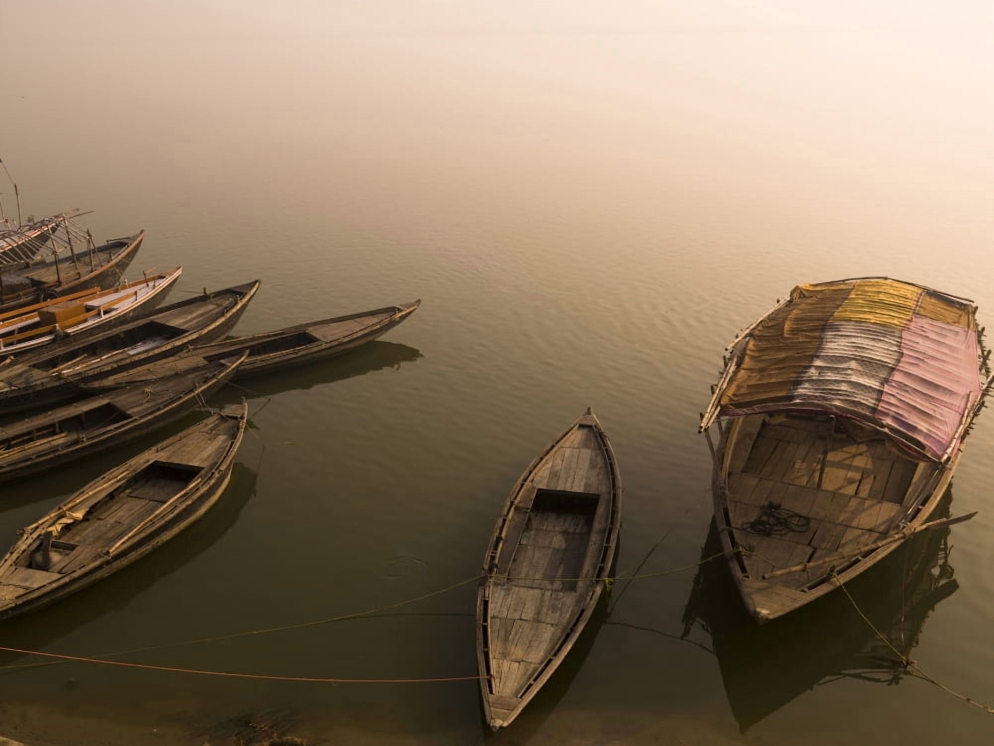 Boats In The Water Varanasi India Canvas Art - Keith Levit Design Pics (18 x 13)