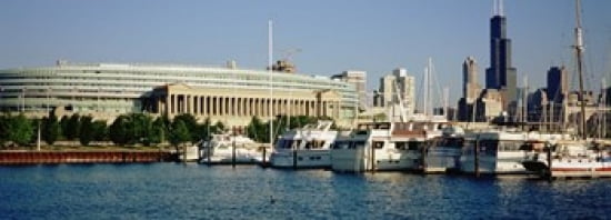 Boats Moored At A Dock Chicago Illinois USA Canvas Art - Panoramic Images (36 x 13)