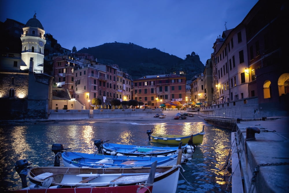Boats Moored By Buildings Along The Waterfront At Night Vernazza Liguria Italy Canvas Art - David DuChemin Design Pics (19 x 12)