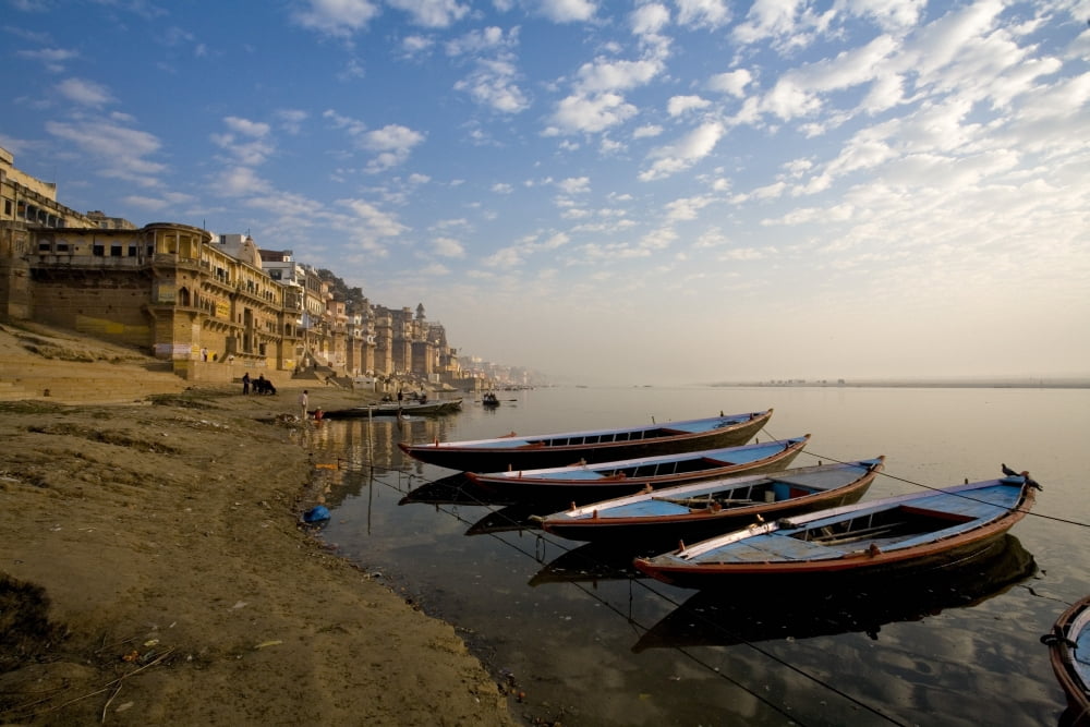 Boats Moored On River In A Row Outside City Varanasi India Canvas Art - David DuChemin Design Pics (38 x 24)