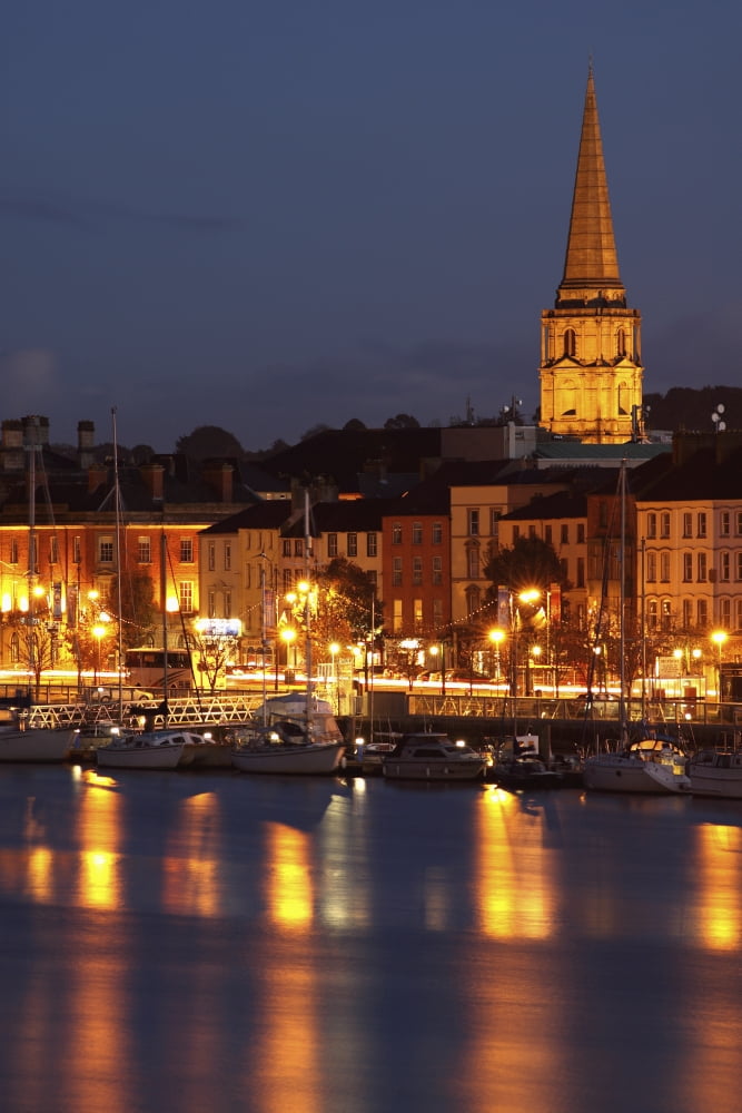 Boats Moored On River Suir At City Waterfront At Night Waterford City County Waterford Ireland Canvas Art - Trish Punch Design Pics (24 x 38)