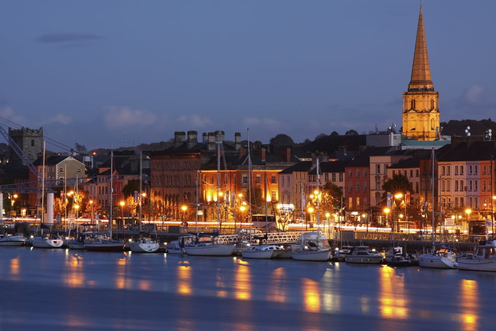 Boats Moored On River Suir At City Waterfront At Night Waterford City County Waterford Ireland Canvas Art - Trish Punch Design Pics (38 x 24)