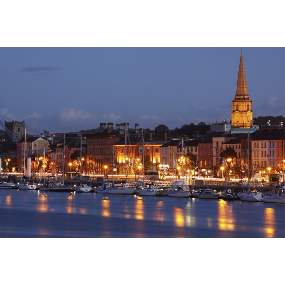 Boats Moored On River Suir At City Waterfront At Night Waterford City County Waterford Ireland Canvas Art - Trish Punch Design Pics (38 x 24)