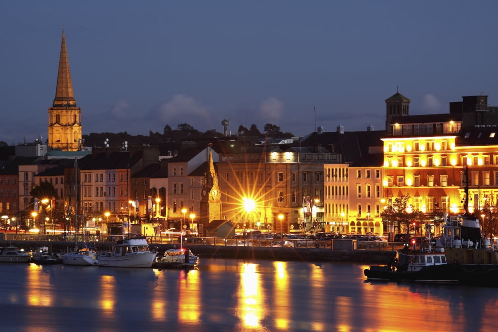 Boats Moored On River Suir At City Waterfront At Night Waterford City County Waterford Ireland Canvas Art - Trish Punch Design Pics (38 x 24)