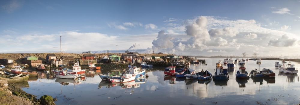 Boats Moored On The Water Along The Shoreline Saltburn Teesside England Canvas Art - John Short Design Pics (28 x 9)