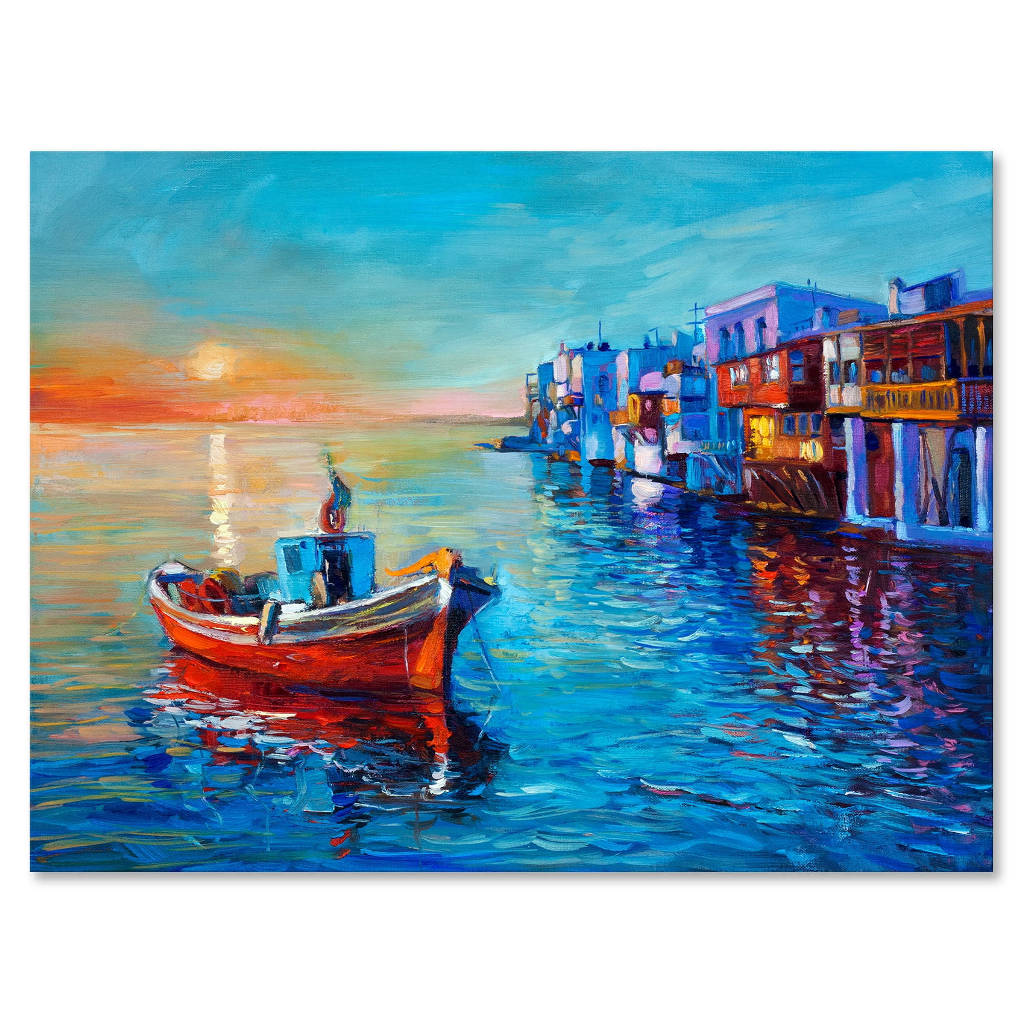 Boats Near Coastal Town Resting On The Water I 12 in x 8 in Painting Canvas Art Print, by Designart