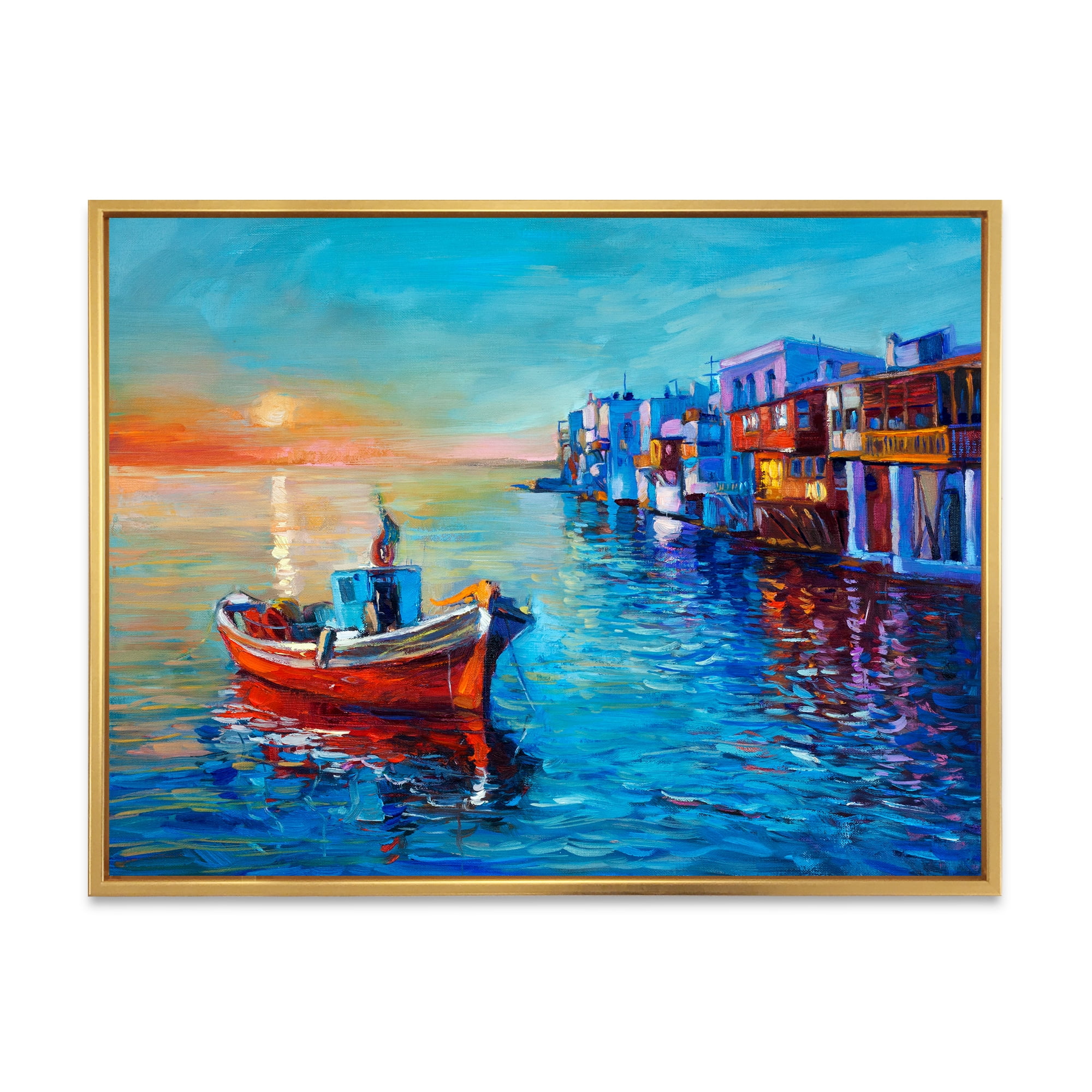Boats Near Coastal Town Resting On The Water I 32 in x 24 in Framed Painting Canvas Art Print, by Designart