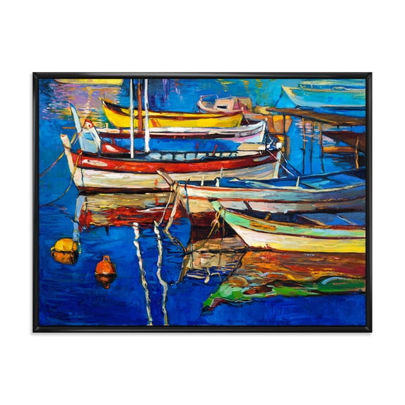 Boats Near Coastal Town Resting On The Water II 32 in x 16 in Framed Painting Canvas Art Print, by Designart