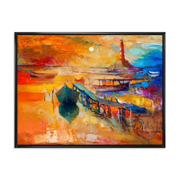 Boats Near Coastal Town Resting On The Water III 20 in x 12 in Framed Painting Canvas Art Print, by Designart