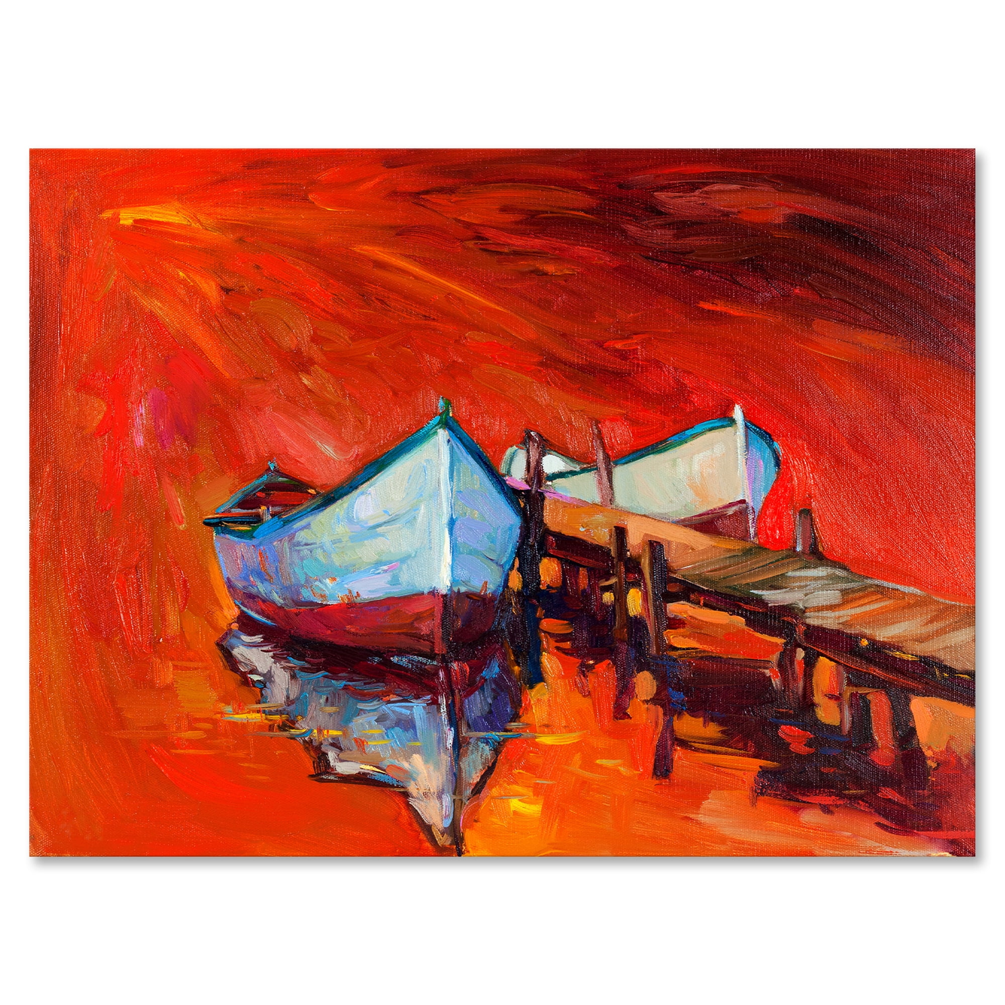 Boats Near Coastal Town Resting On The Water IV 12 in x 8 in Painting Canvas Art Print, by Designart