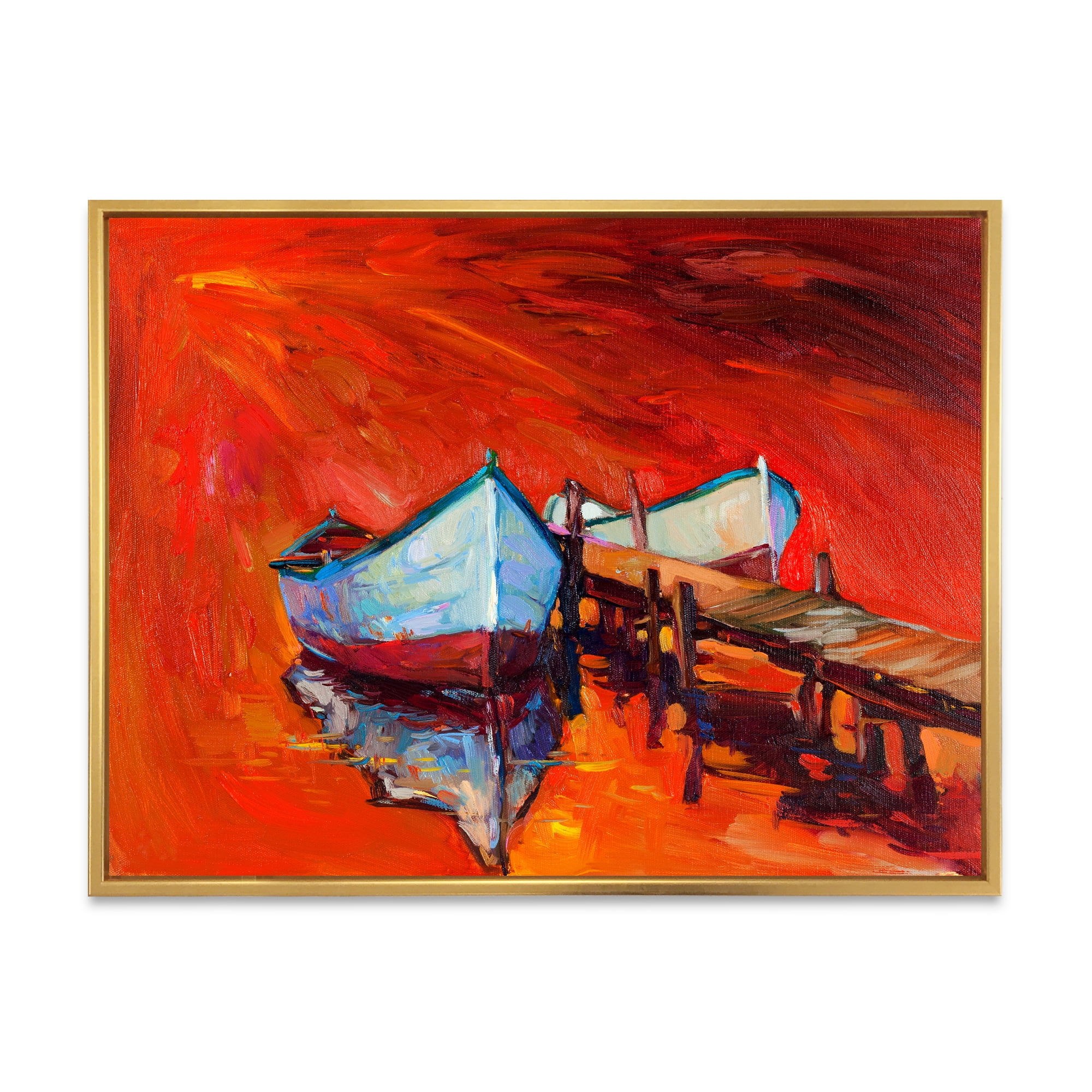 Boats Near Coastal Town Resting On The Water IV 32 in x 16 in Framed Painting Canvas Art Print, by Designart