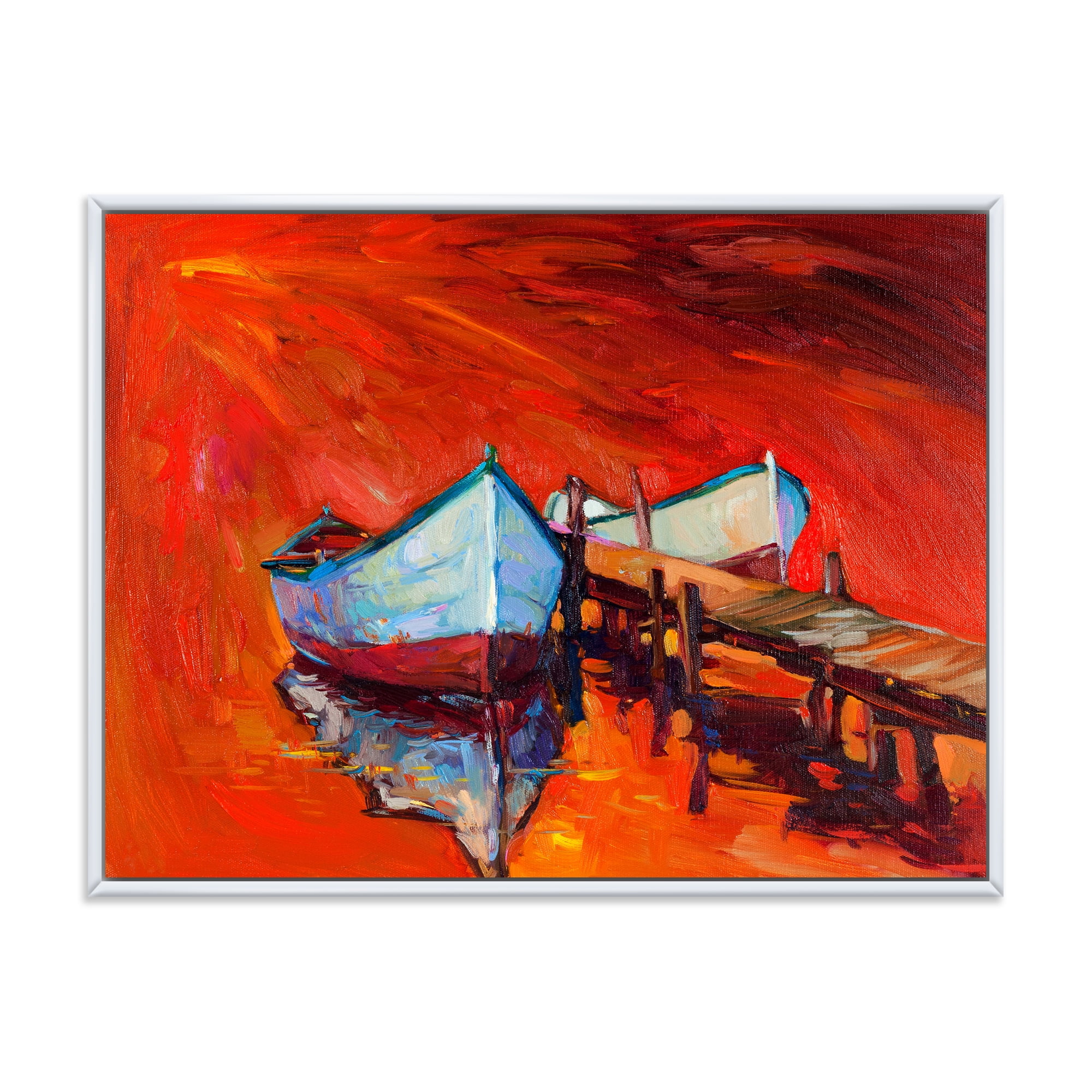 Boats Near Coastal Town Resting On The Water IV 32 in x 16 in Framed Painting Canvas Art Print, by Designart