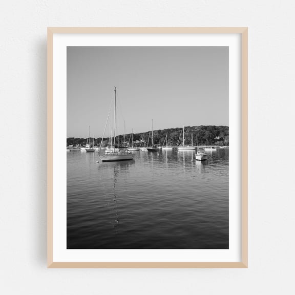 Boats in Northport Harbor B&W - Northport New York Photography Black and White Sailboat Harbor Nautical Water Seascape Boat Oak Framed Wall Art Print 6 x 8 inches