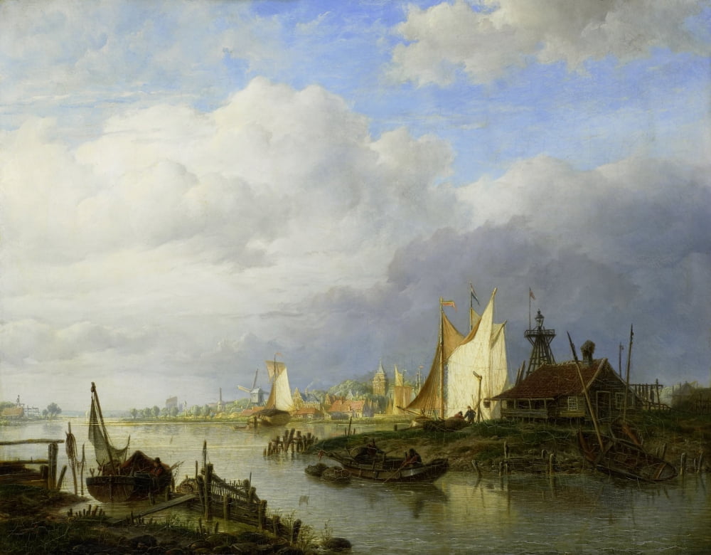 Boats On A River With A Beacon Of Light Canvas Art - (36 x 24)