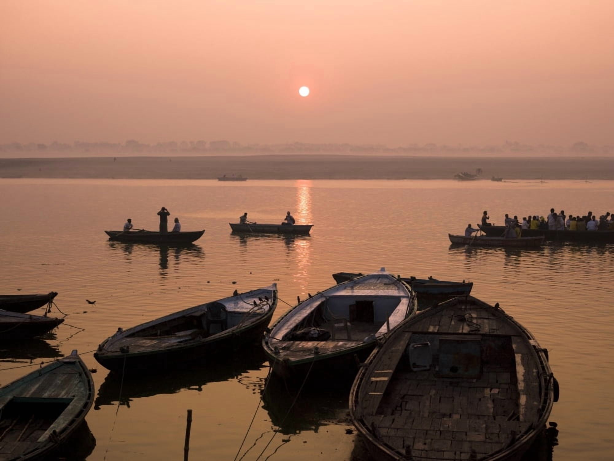 Boats On Ganges River At Sunset Varanasi India Canvas Art - Keith Levit Design Pics (36 x 26)