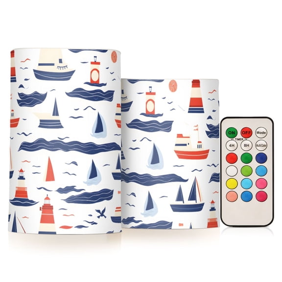 Boats Pattern Flameless LED Candle Set with Remote, Battery Operated Color Changing Pillar Candles, Set of 2