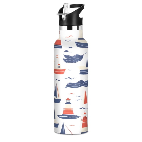 Boats Pattern Sport Water Bottle for Kids Insulated with Straw for School Outdoor Daily Use
