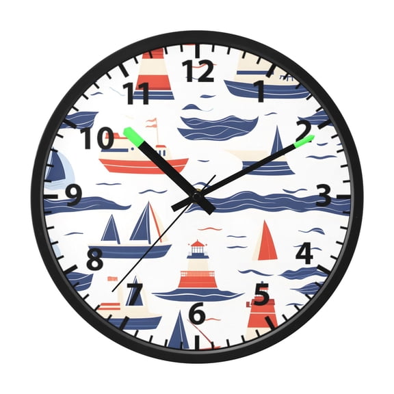 Boats Pattern Wall Clock 12 Inch Voice Activated Night Light Silent Non Ticking