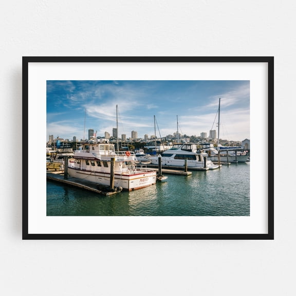Boats at Pier 39, San Francisco - San Francisco California Photography Harbor Boat Cityscape Maritime Nautical Seaside Skyline Black Framed Wall Art Print 5 x 7 inches