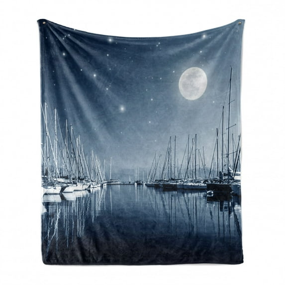 Boats Soft Flannel Fleece Throw Blanket, Tranquil Marina View at Night with Stars and Full Moon, Cozy Plush for Indoor and Outdoor Use, 50" x 70", Slate Blue White, by Ambesonne