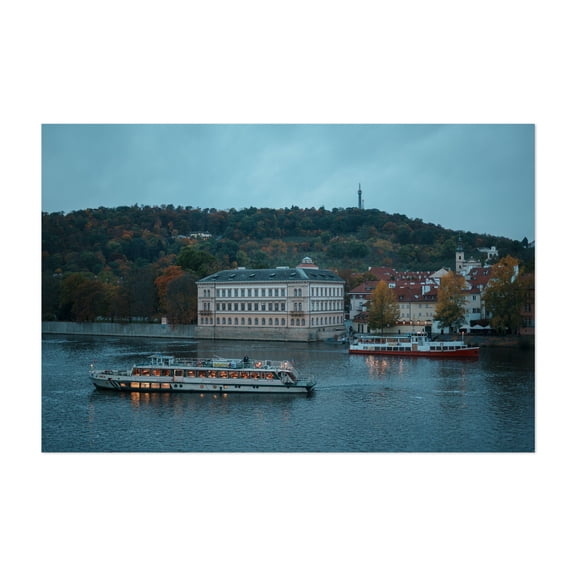 Boats on the Vltava, Prague 02 - Prague Czechia Photography Architecture Boat Autumn Scenic Landscape Cityscape Unframed Wall Art Print 32 x 48 inches