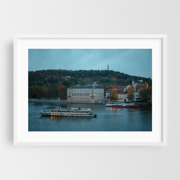 Boats on the Vltava, Prague 02 - Prague Czechia Photography Architecture Boat Autumn Scenic Landscape Cityscape White Framed Wall Art Print 5 x 7 inches