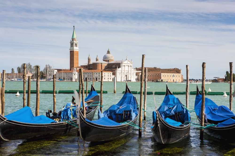 Boats anchored at marina Venice Italy Canvas Art - Richard Desmarais Design Pics (38 x 24)