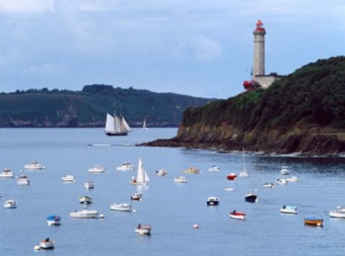 Boats and lighthouse at Phare Du Portzic Goulet De Brest Finistere Brittany France Canvas Art - Panoramic Images (36 x 27)