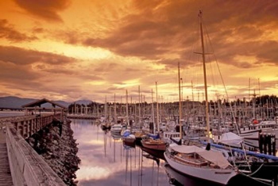 Boats at Sunset Comox Harbor British Columbia Canvas Art - Brent Bergherm DanitaDelimont (36 x 24)