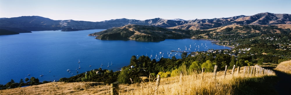 Boats at a harbor Akaroa Harbour Banks Peninsula South Island New Zealand Canvas Art - Panoramic Images (27 x 9)