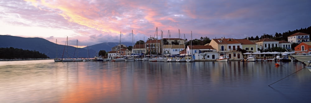 Boats at a harbor Fiscardo Harbour Cephalonia Ionian Islands Greece Canvas Art - Panoramic Images (27 x 9)
