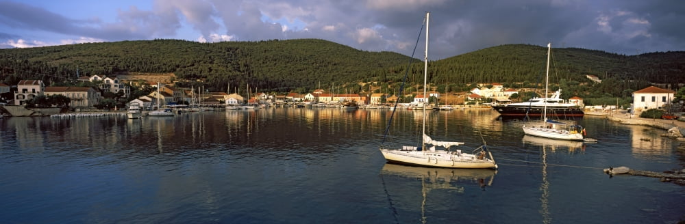 Boats at a harbor Fiscardo Harbour Cephalonia Ionian Islands Greece Canvas Art - Panoramic Images (27 x 9)