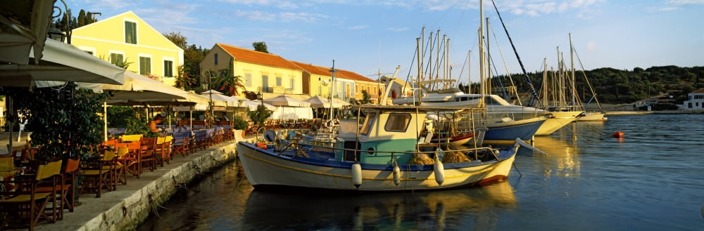 Boats at a harbor Fiscardo Harbour Cephalonia Ionian Islands Greece Canvas Art - Panoramic Images (36 x 12)
