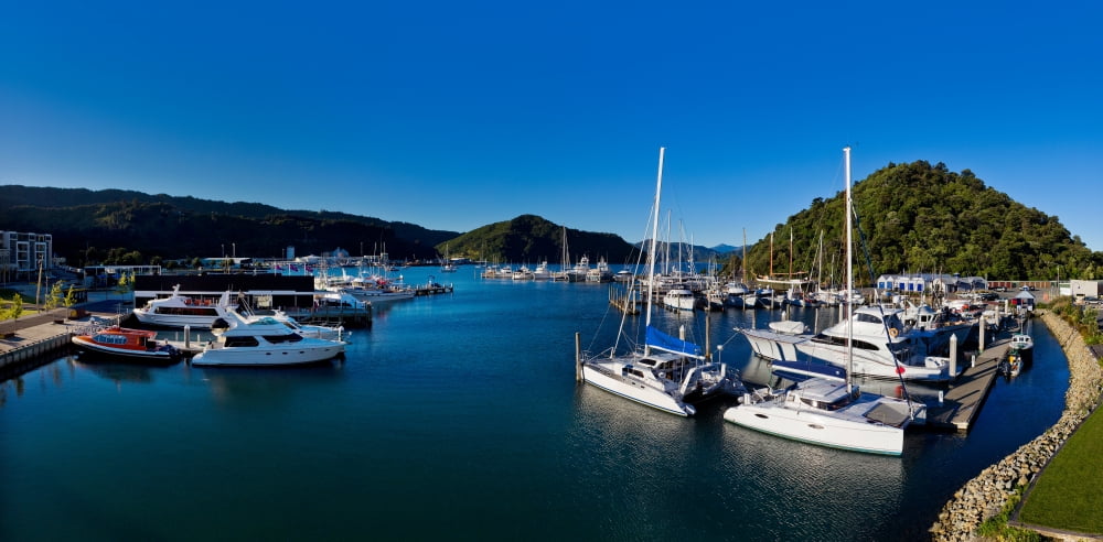 Boats at a harbor Picton Marlborough New Zealand Canvas Art - Panoramic Images (36 x 12)