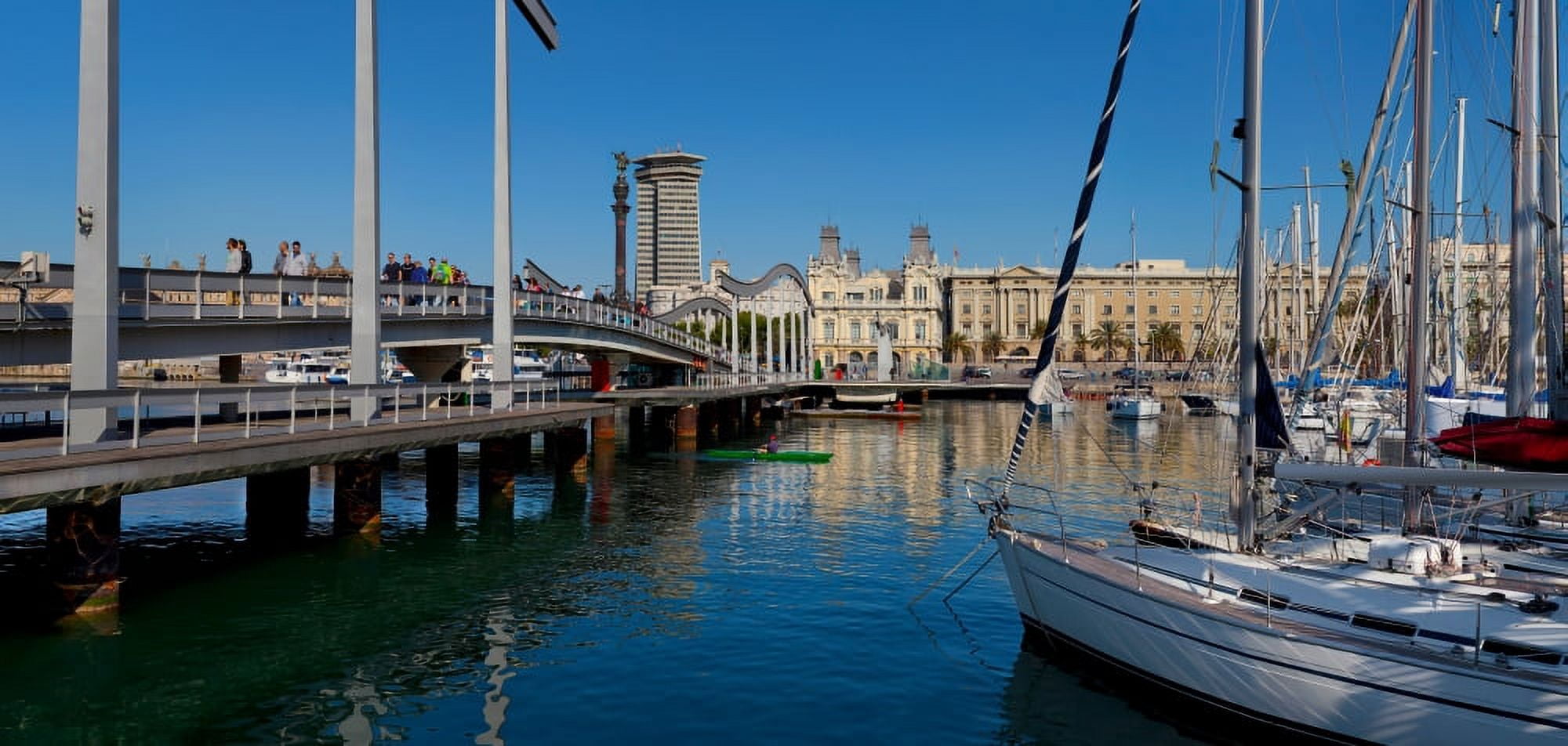 Boats at a harbor Port Vell Barcelona Catalonia Spain Canvas Art - Panoramic Images (36 x 12)