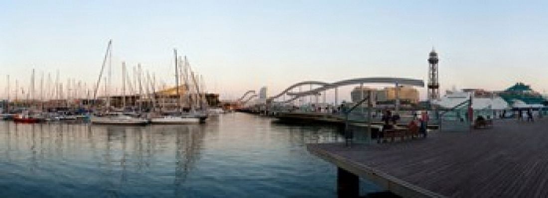 Boats at a harbor Port Vell Barcelona Catalonia Spain Canvas Art - Panoramic Images (36 x 13)