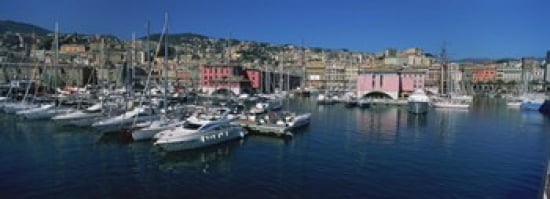 Boats at a harbor Porto Antico Genoa Italy Canvas Art - Panoramic Images (36 x 13)
