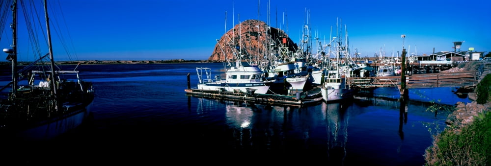 Boats at harbor in front of the Morro Rock Morro Bay San Luis Obispo County California USA Canvas Art - Panoramic Images (12 x 36)