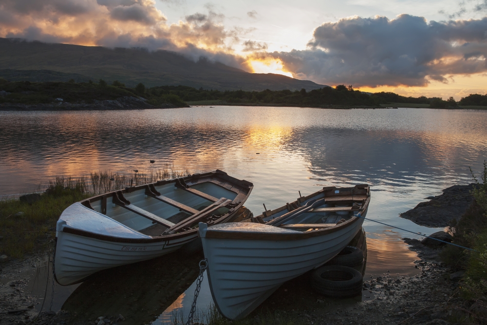 Boats at lakeshore of Lough Corrib near Cong Connemara County Galway Ireland Canvas Art - Carl Bruemmer Design Pics (38 x 24)